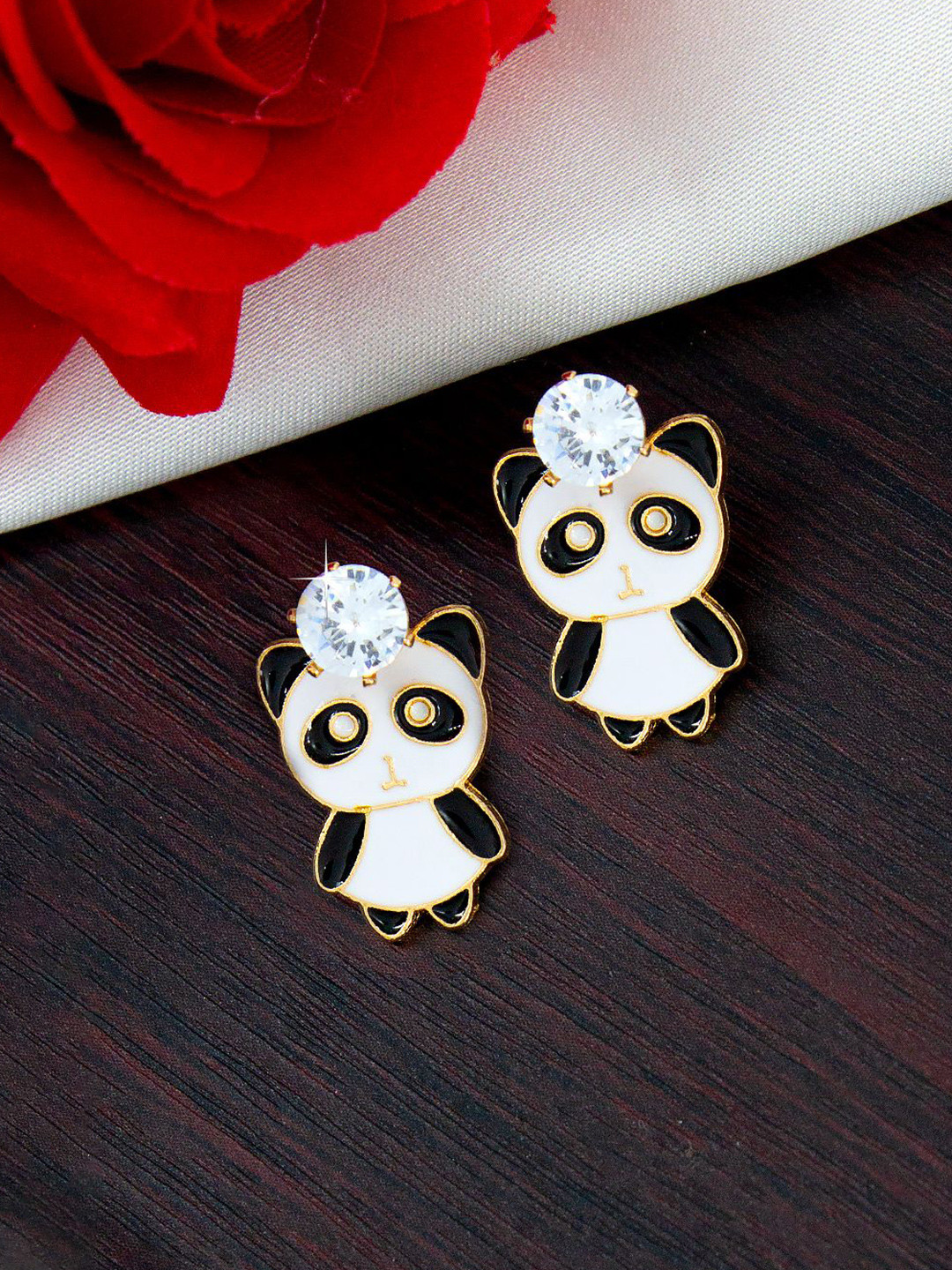 PRIVIU Gold-Plated American Diamond Studded Standing Panda Studs