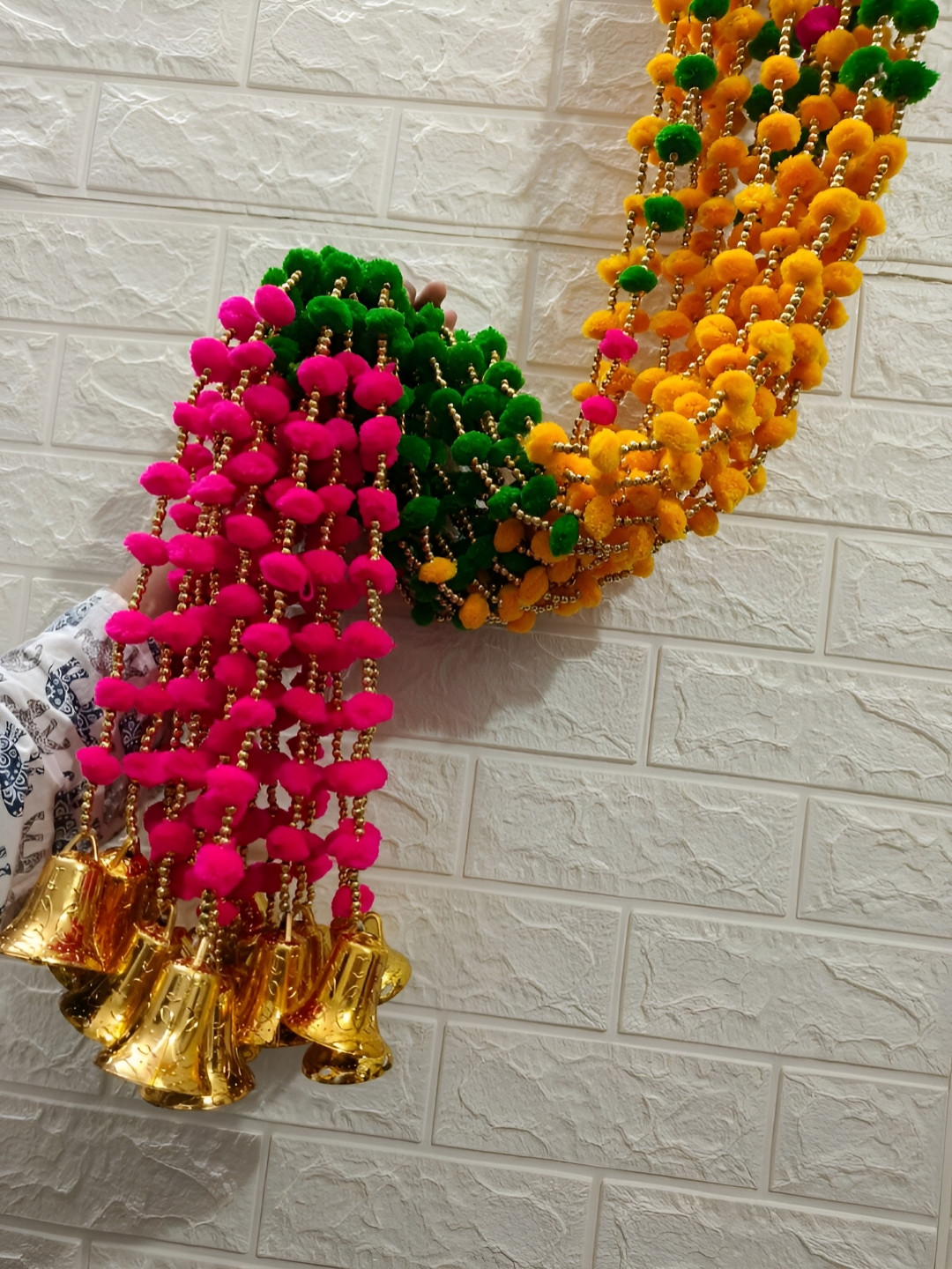 Sellplus 12 Pcs Green & Pink Pompom Toran With Bell Hanging