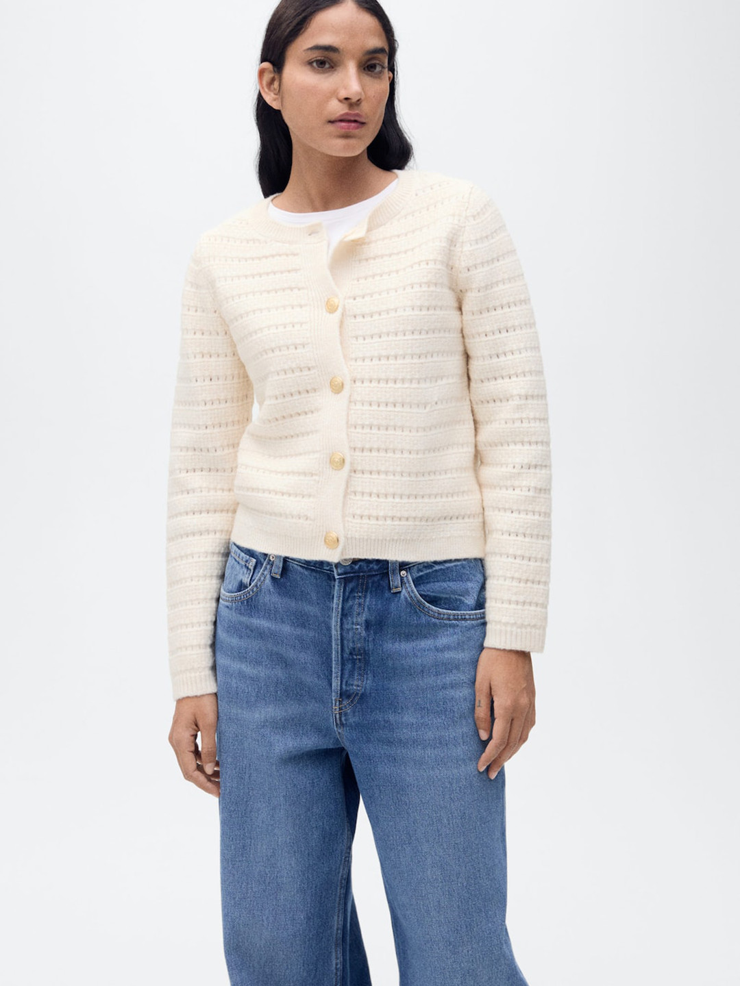 MANGO Self-Striped Open Knit Cardigan