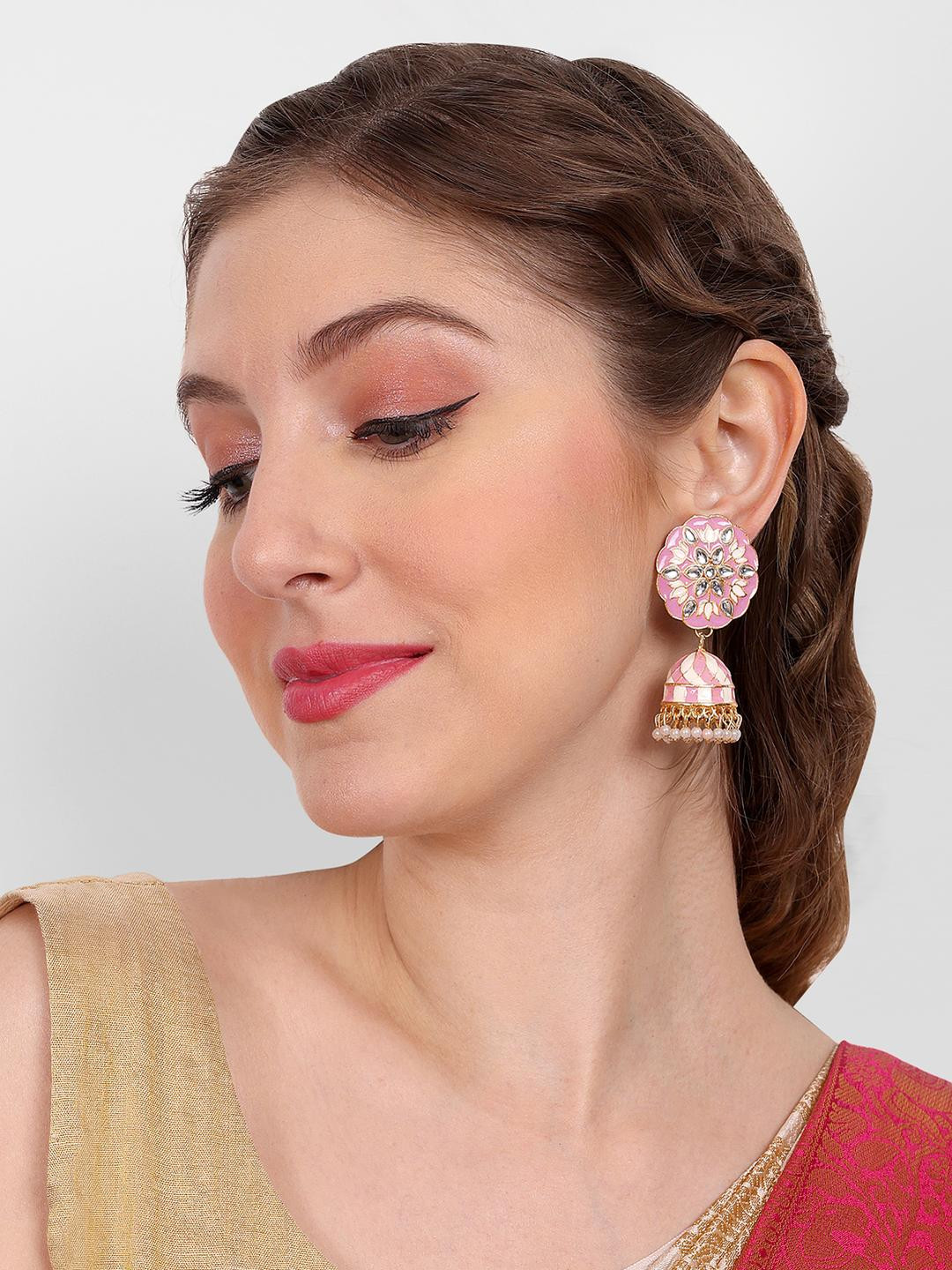 Manuvi Jewels Women Pink And White Pearls And Enamel Jhumka Earrings