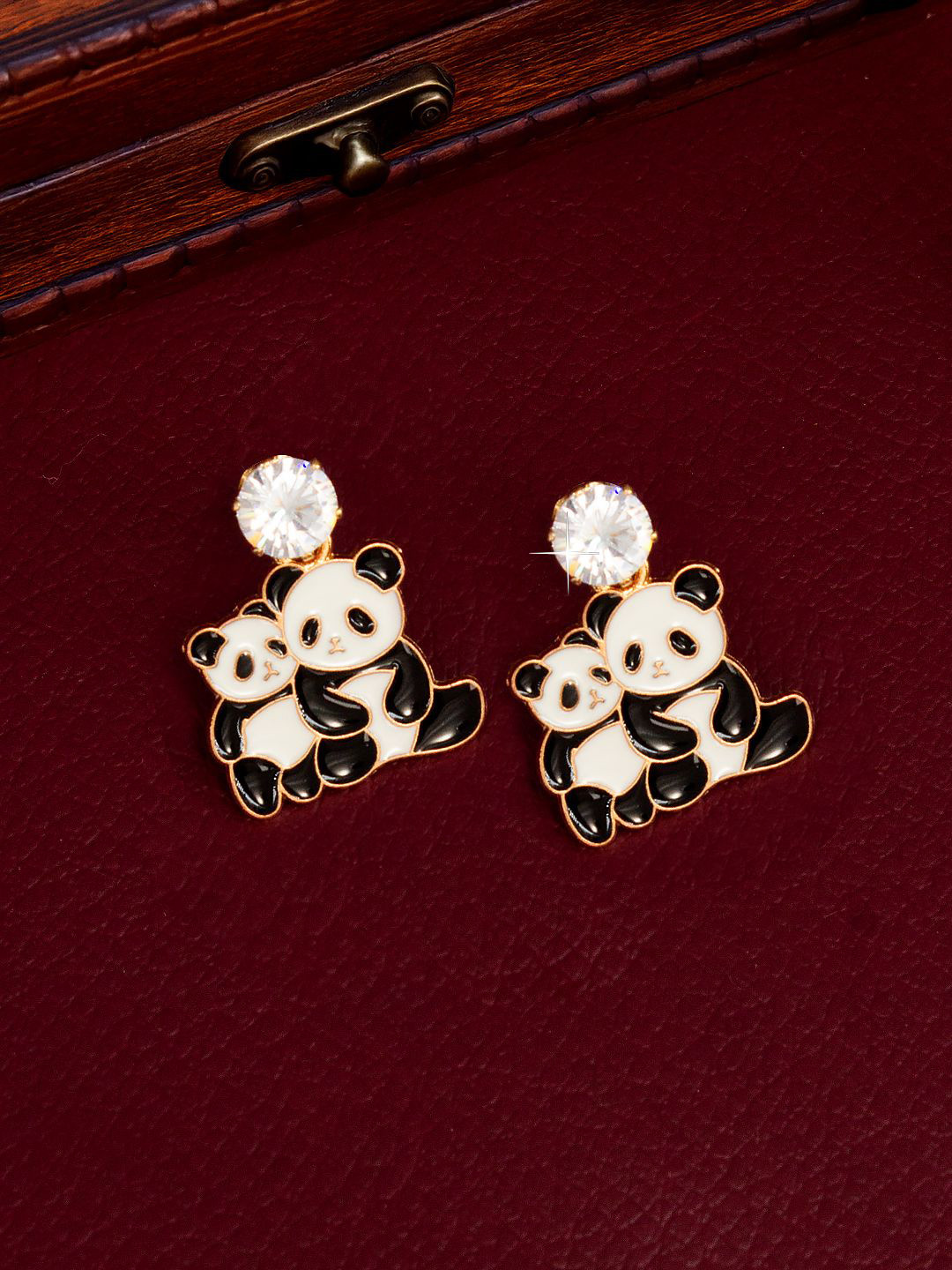PRIVIU Gold-Plated American Diamond Studded Panda Drop Earrings