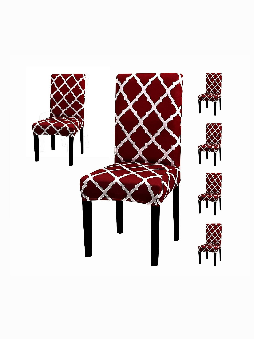 FAVRIA 6-Pcs Maroon & White Printed Stretchable Dining Chair Covers