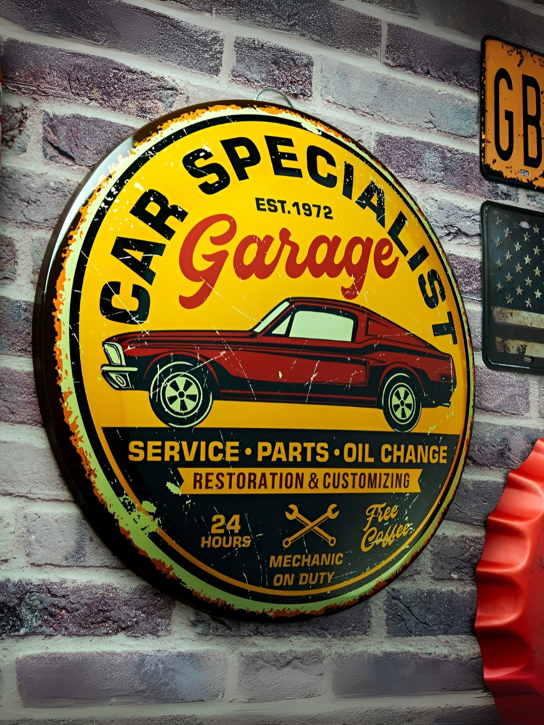 eazy wagon Yellow & Red Metal Shield Car Specialist Garage Wall Hangings