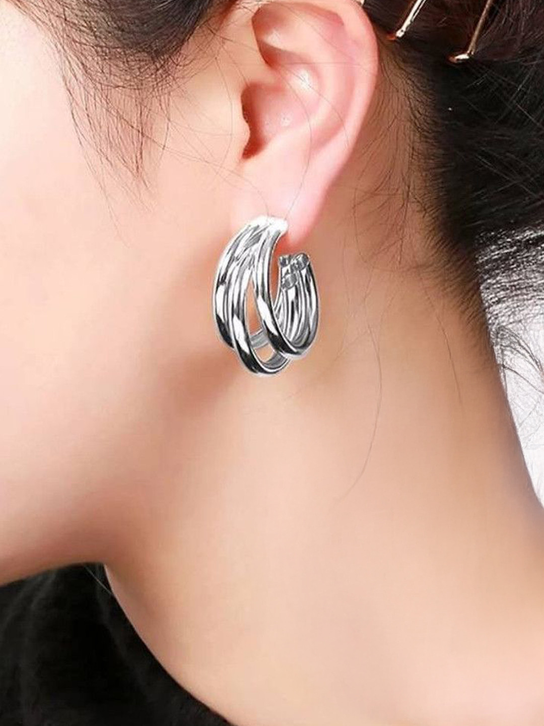 Celestria Contemporary Triple Curved Metal Korean Hoop Earrings