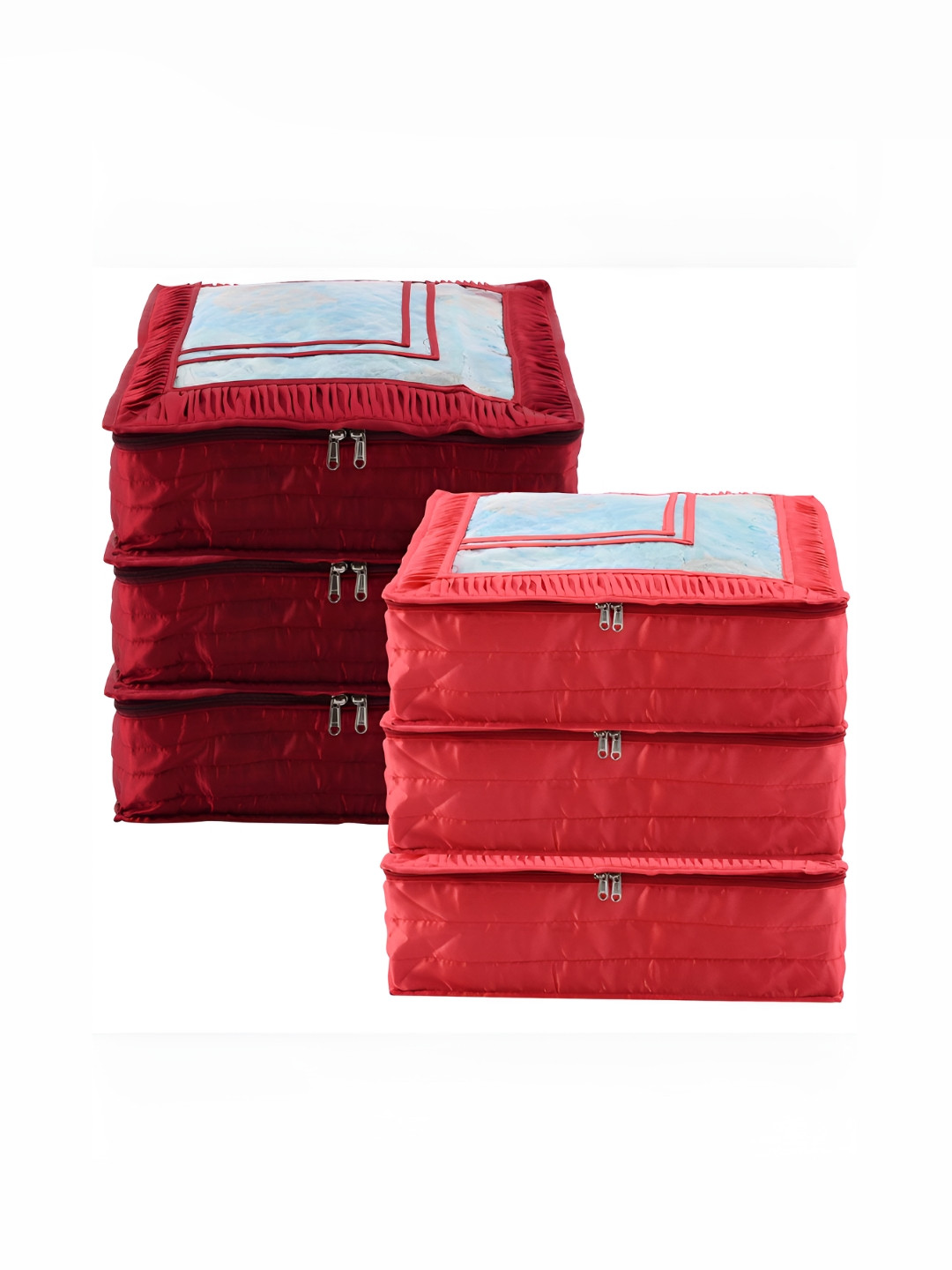 Aura Maroon & Red 6 Pieces Frill Top Window Satin Saree Bag Organisers