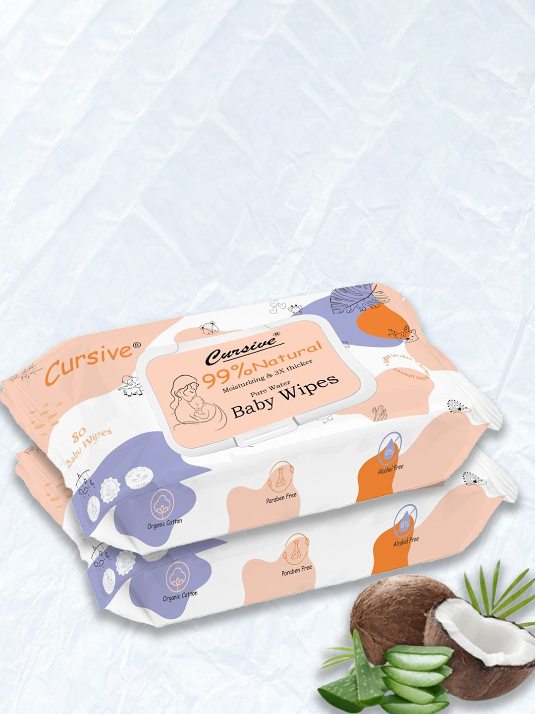 CURSIVE Set Of 2 Soft Cleansing Baby Wipes With Aloe Vera & Coconut Oil - 80 Pcs Each