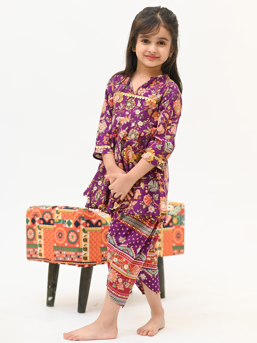Peekaaboo Kids Girls Floral Printed Cotton Anarkali Kurta with Dhoti Pant