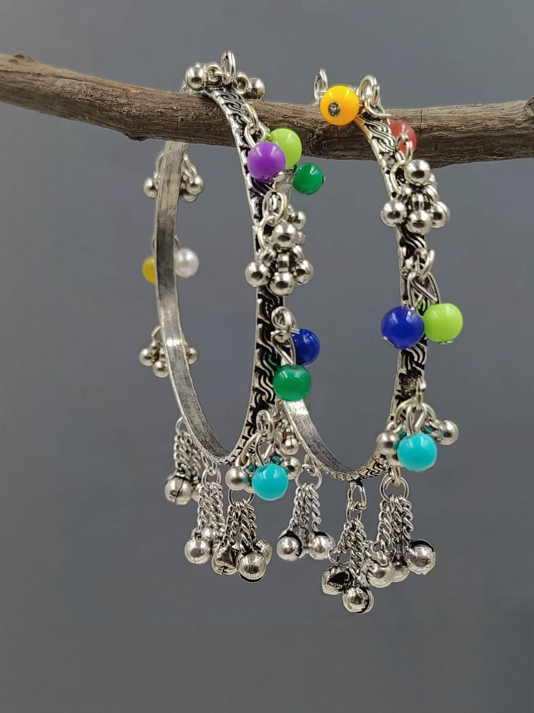 gurjari jewellers Set of 2 Oxidised with Gungru and Colourful Beads Studded Bangles