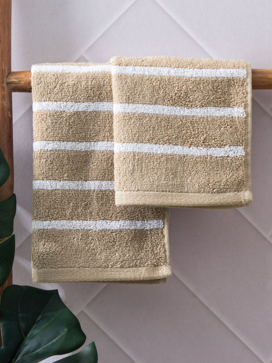 Home Centre Colour Refresh Essense 2Pcs Beige & White Striped Cotton Soft Face Towels