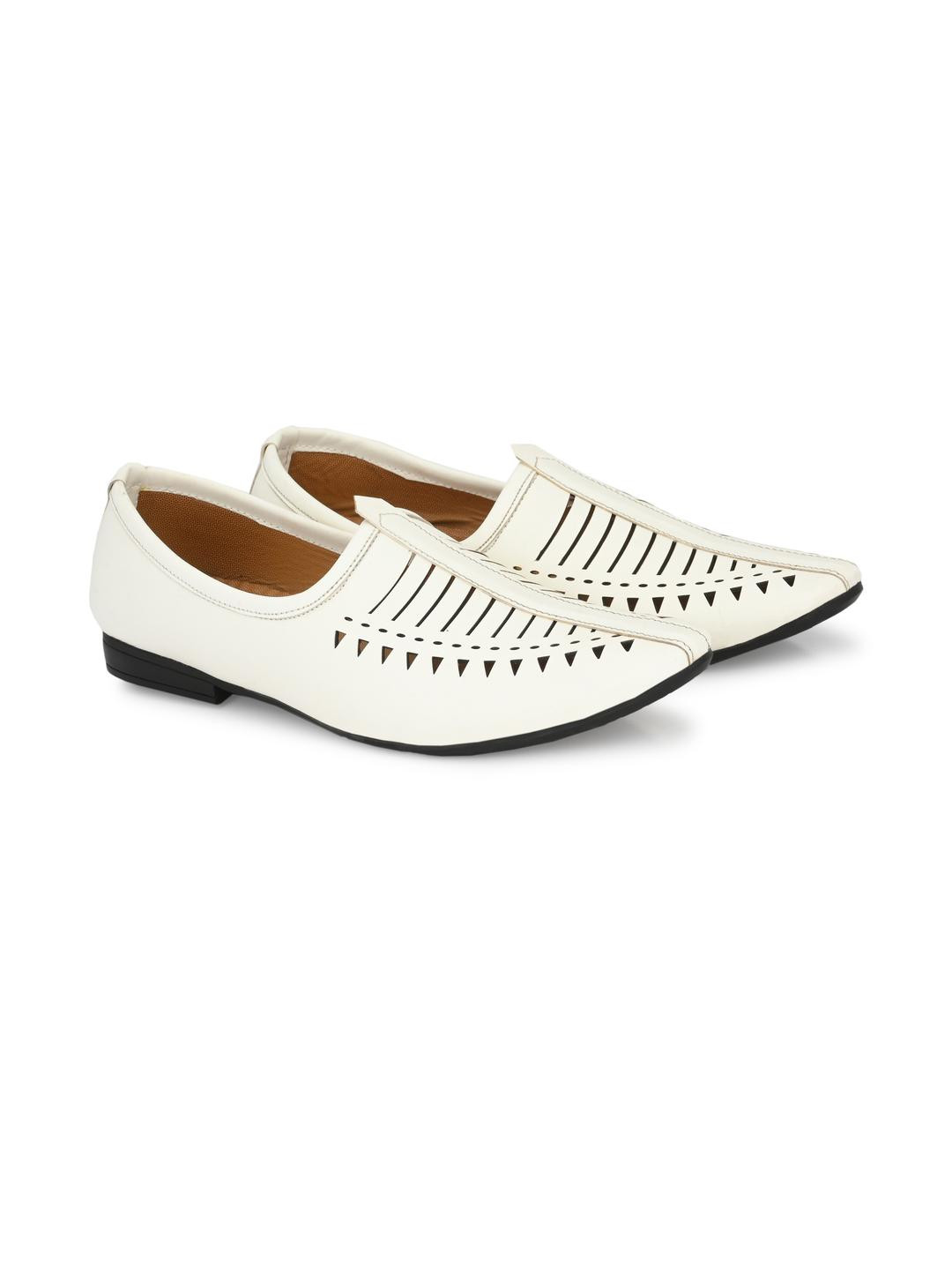 G L Trend Men White Synthetic Leather Laser Cut Striped Mojaris