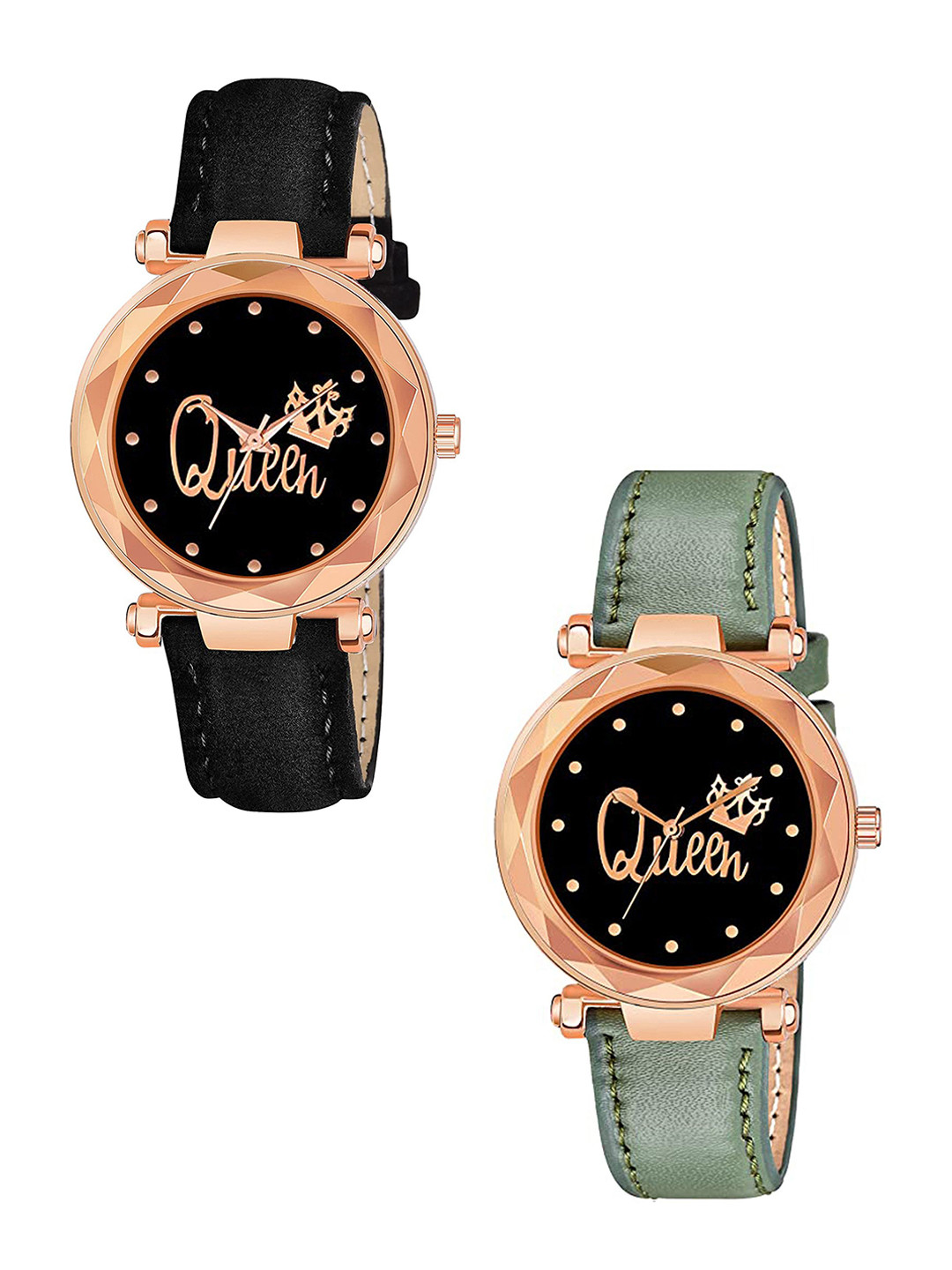 Gopal Shopcart Women Pack Of 2 Printed Dial & Straps Watch GR379RG Q BLK Vel GRE L