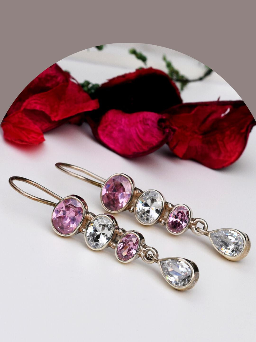 Silver Planets Women Pink & White Circular Drop Earrings