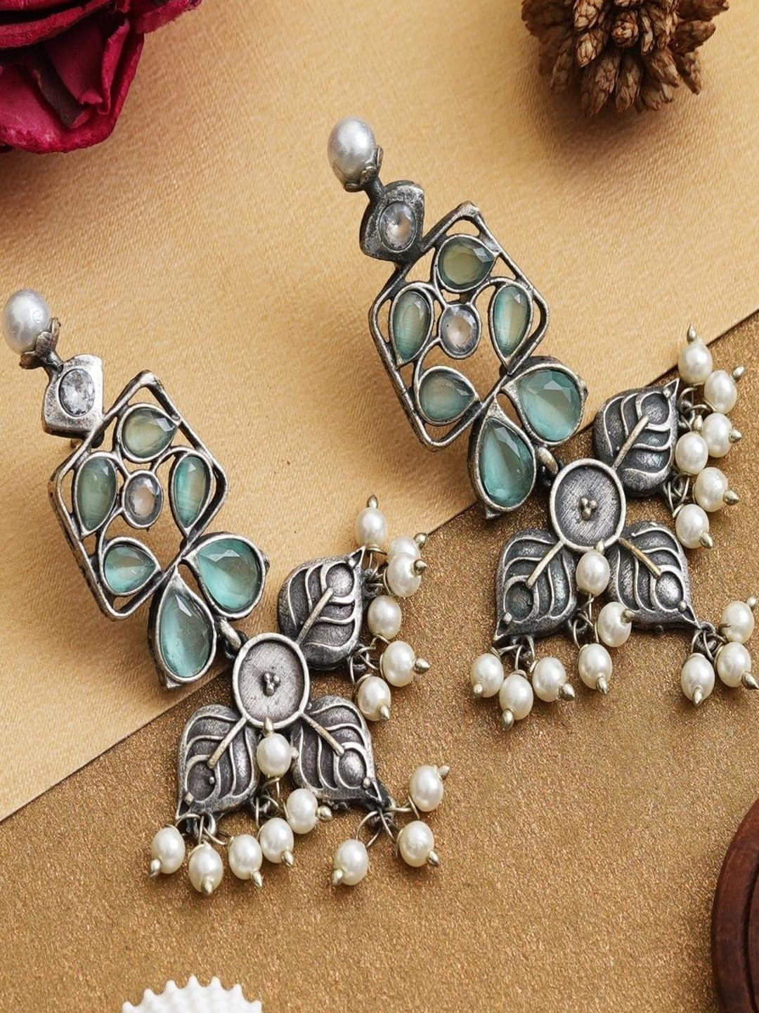Privaanshi Drop Oxidised Silver & Green Jhumka Earrings