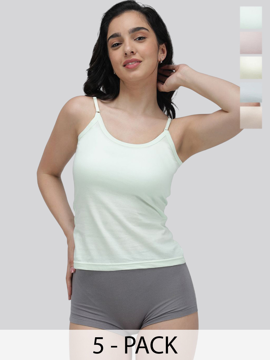 AMUL COMFY Pack Of 5 Assorted Pure Cotton Camisoles With Adjustable Straps