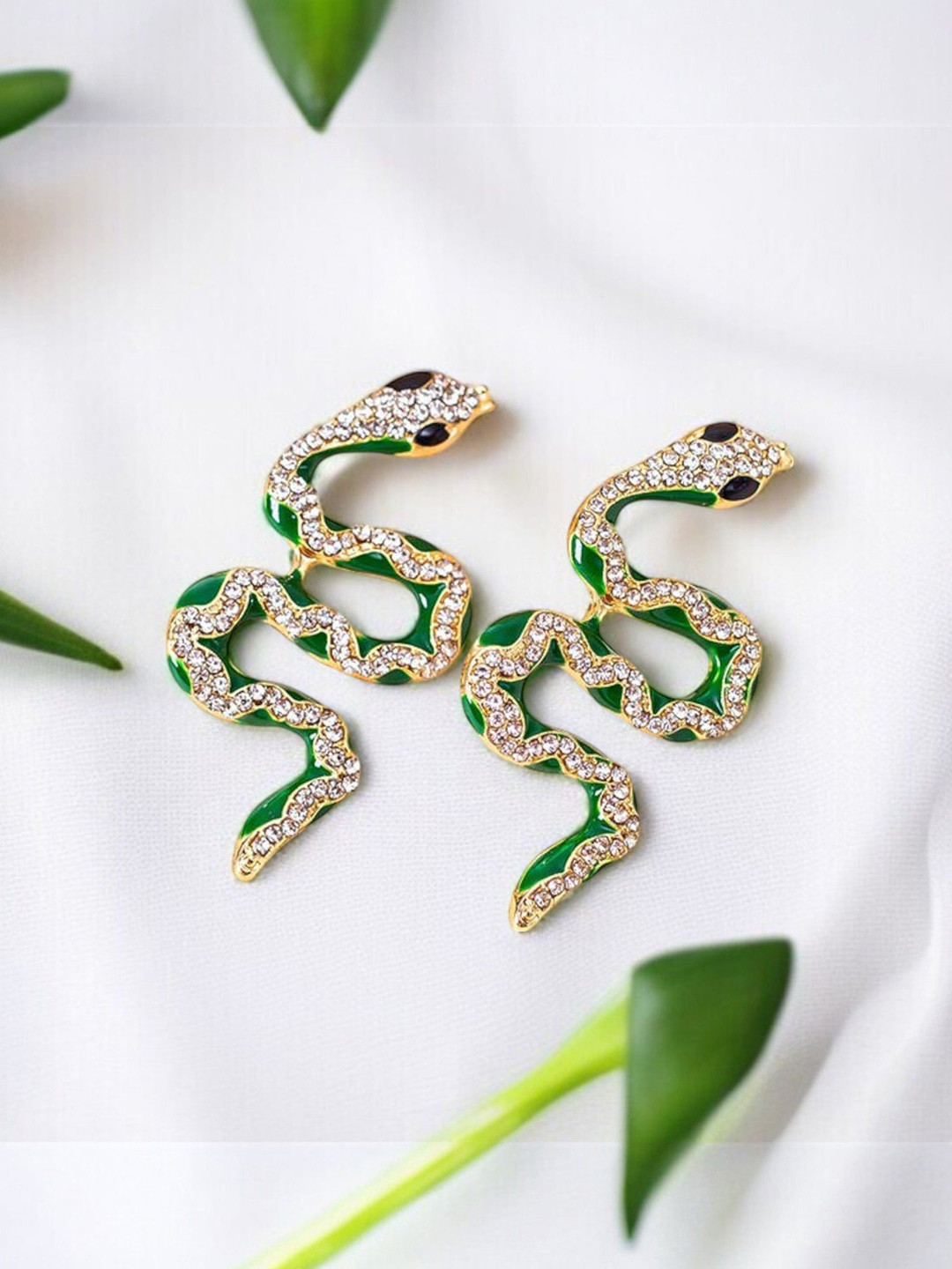 AVANT-GARDE PARIS Gold-Plated Rhinestone Snake Shaped Enamelled Drop Earrings