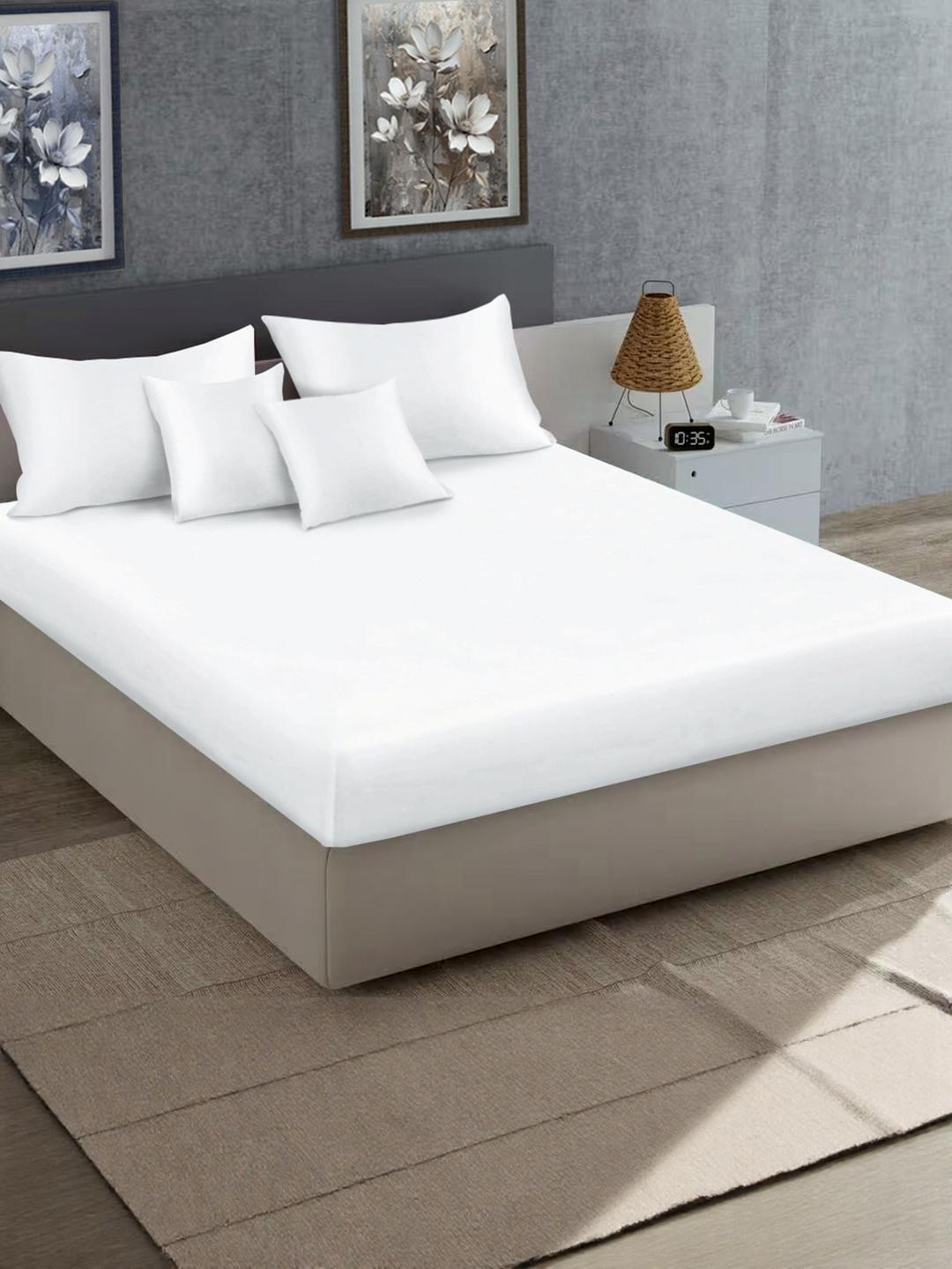 KLOTTHE White Flat 400 TC Satin King Bedsheet With 2 Pillow Covers & 2 Cushion Covers