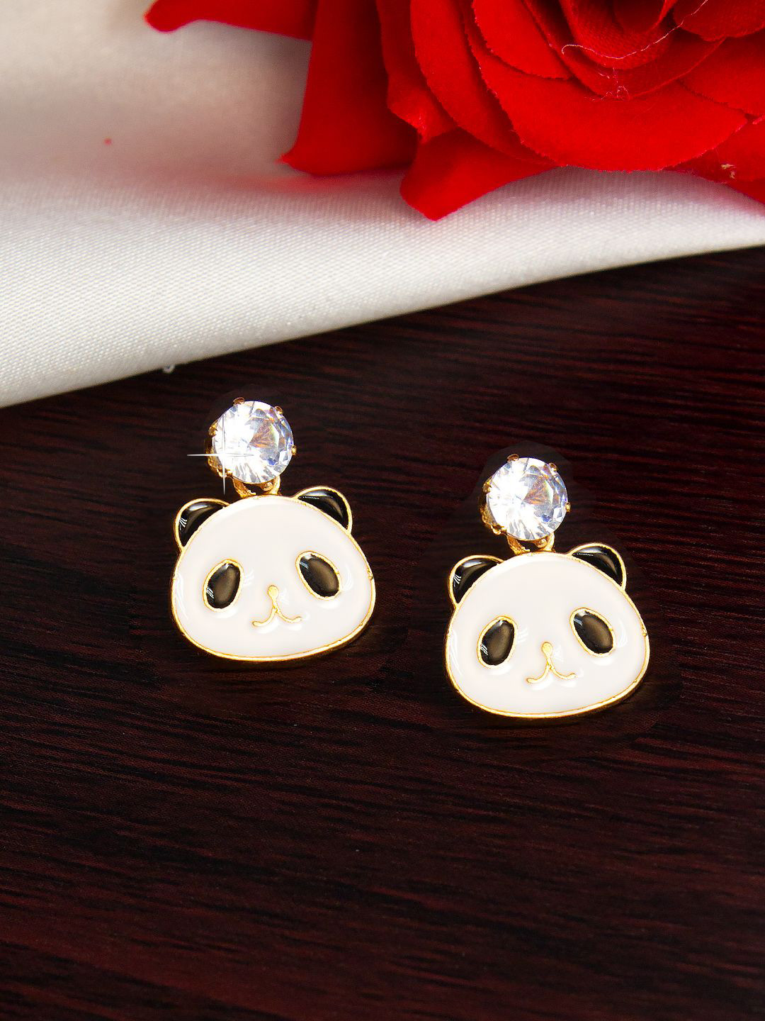 PRIVIU Gold-Plated American Diamond Studded Panda Face Studs