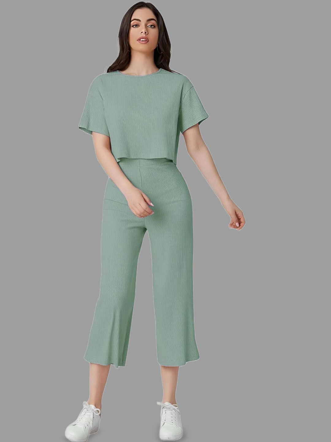 Mast & Harbour Round Neck Half Sleeves Top With Trousers Co-Ords