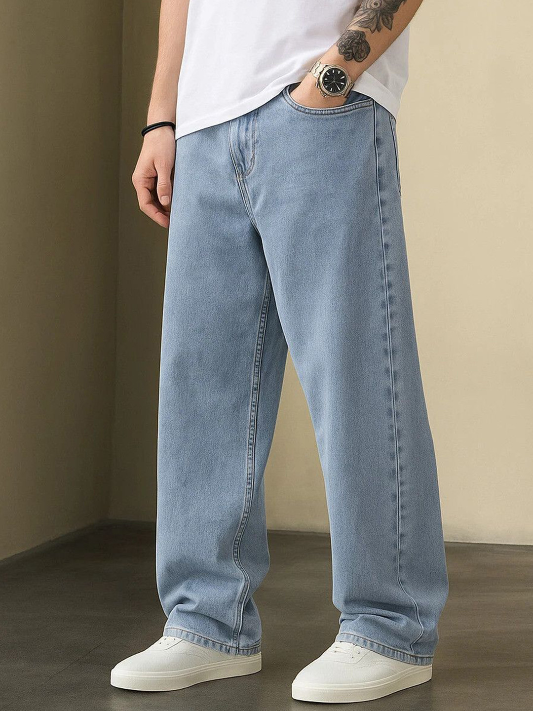 MAAHIT Men Baggy Mid-Rise Light Fade Stretchable Jeans