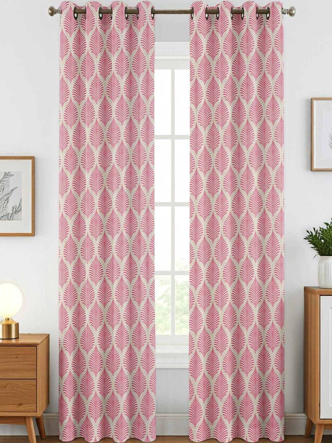 AADI TRADERS Set of 2 Pink Leaf Printed Polyster Window Curtains
