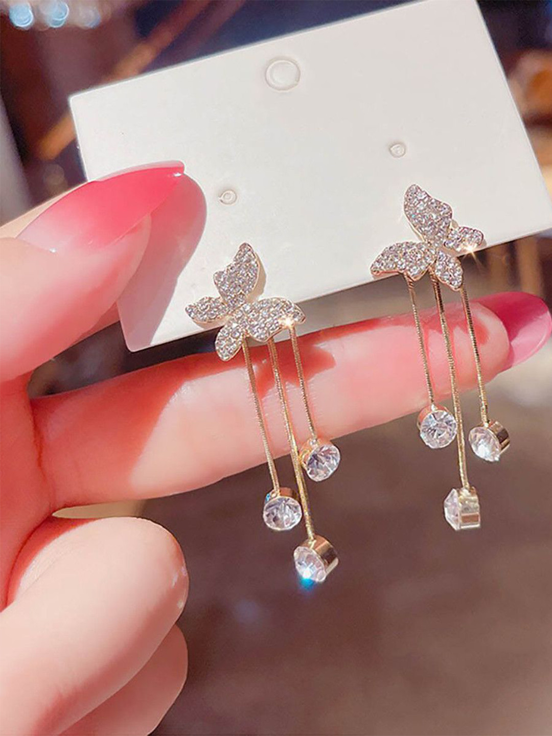 Celestria KoreanArtificial Stones Studded Contemporary Shaped Drop Earrings