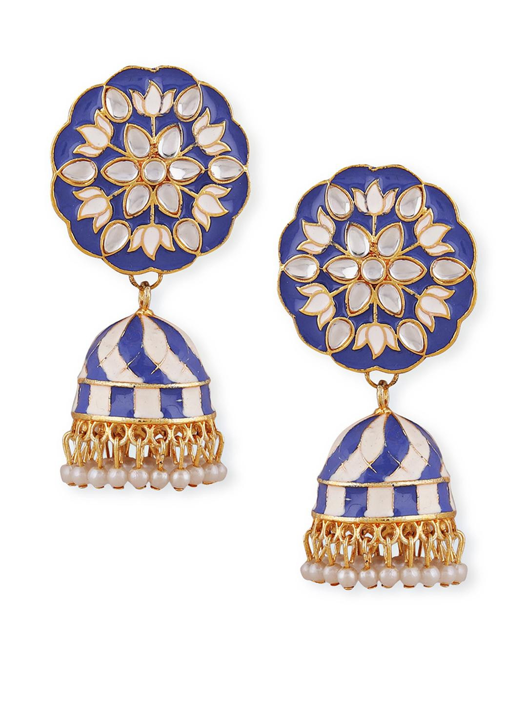 Manuvi Jewels Women Brass Blue With White Stone Studded Jhumka Earrings