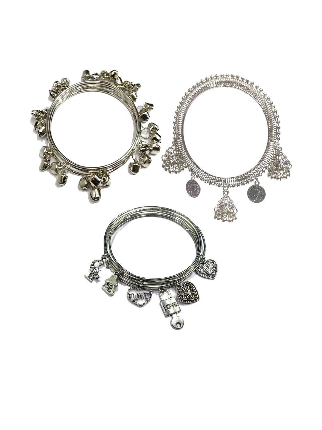gurjari jewellers Women 3 Pcs Of Silver Oxidised Beads Studded Bangles