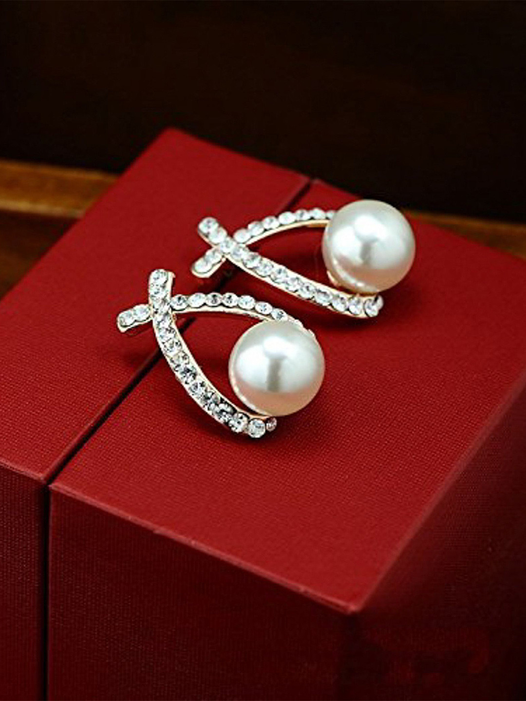 PolluxCraft Gold-Plated Pearls Beaded Cross Shaped Korean Studs