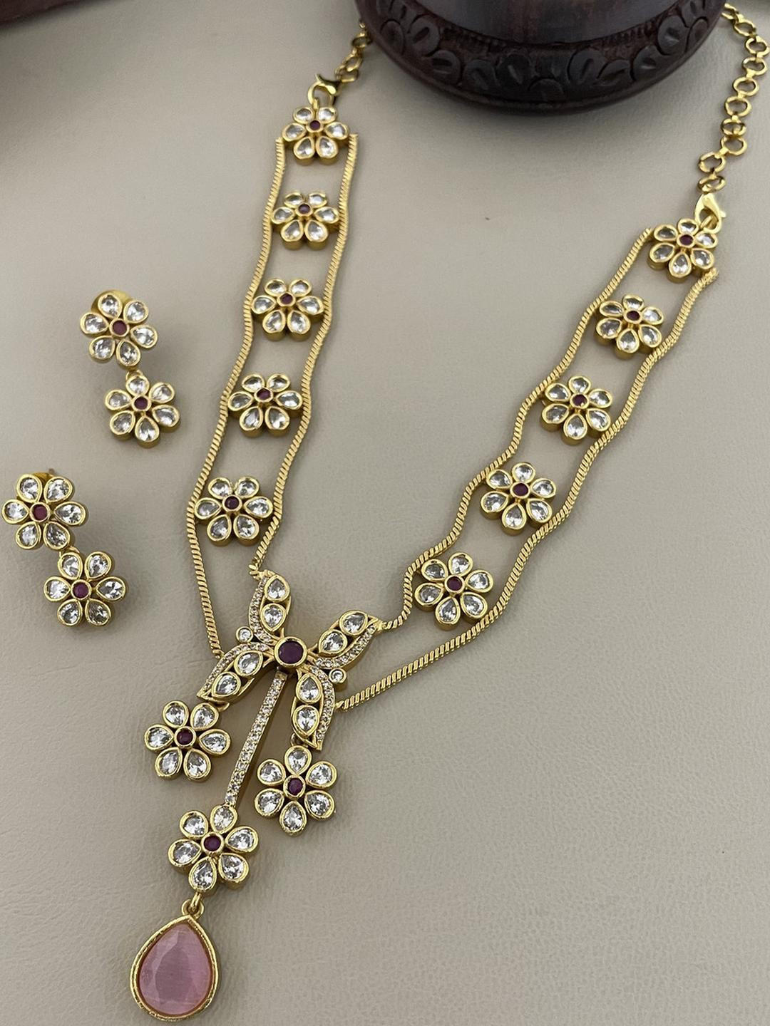 Elegant Gold-Plated Floral Necklace Set with Pink Stone Pendant and Matching Earrings