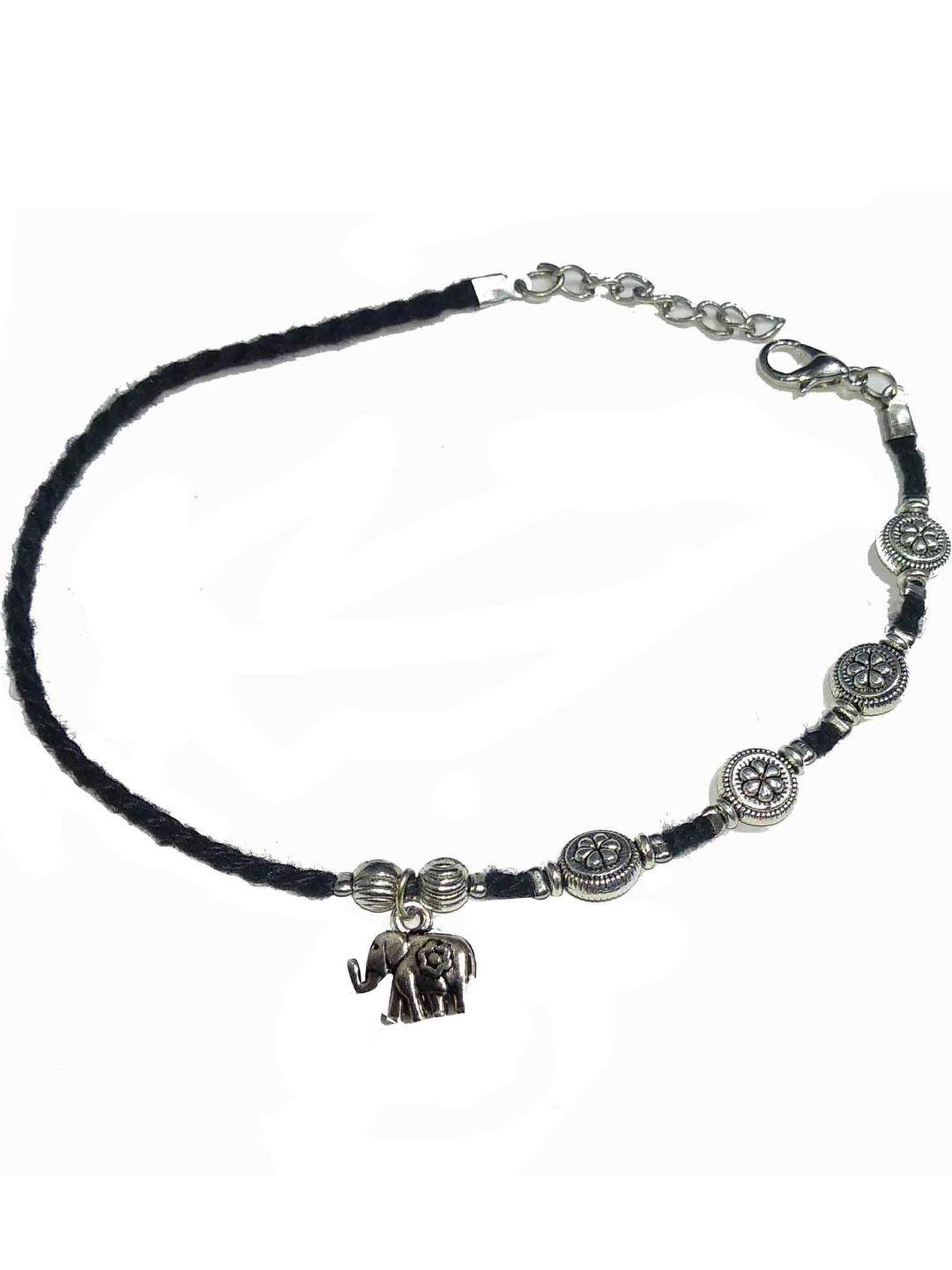 gurjari Women Black Thread  Ethnic Alloy Oxidised Artificial Beads Spring Ring Anklet