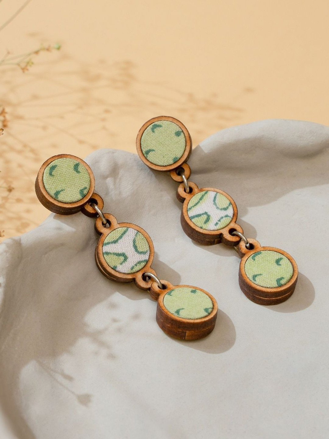 WHE Wooden Fabric Circular Shaped Drop Earrings