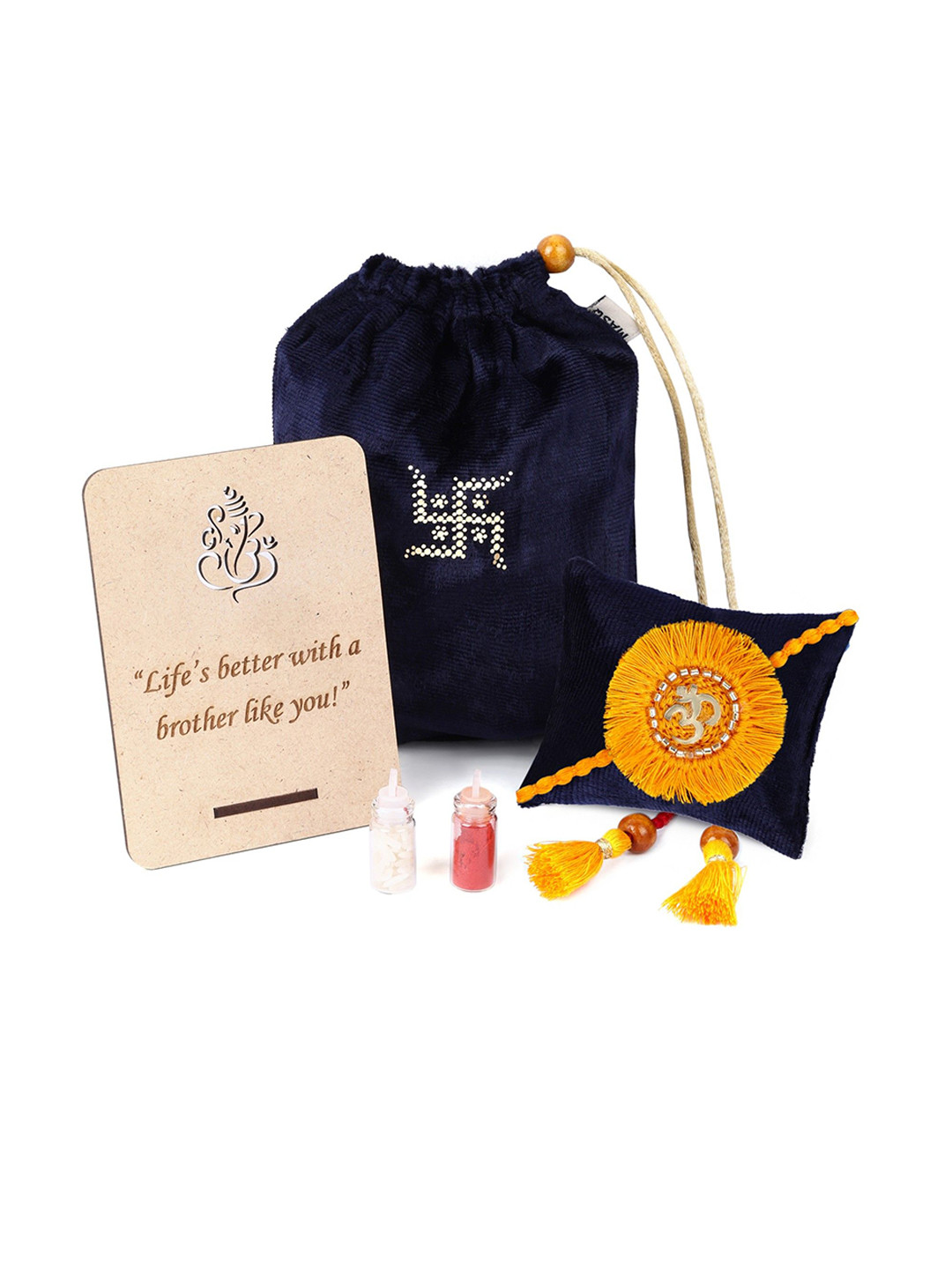 MASQ Rakhi With Cushion Potli Frame Stand & Roli Chawal