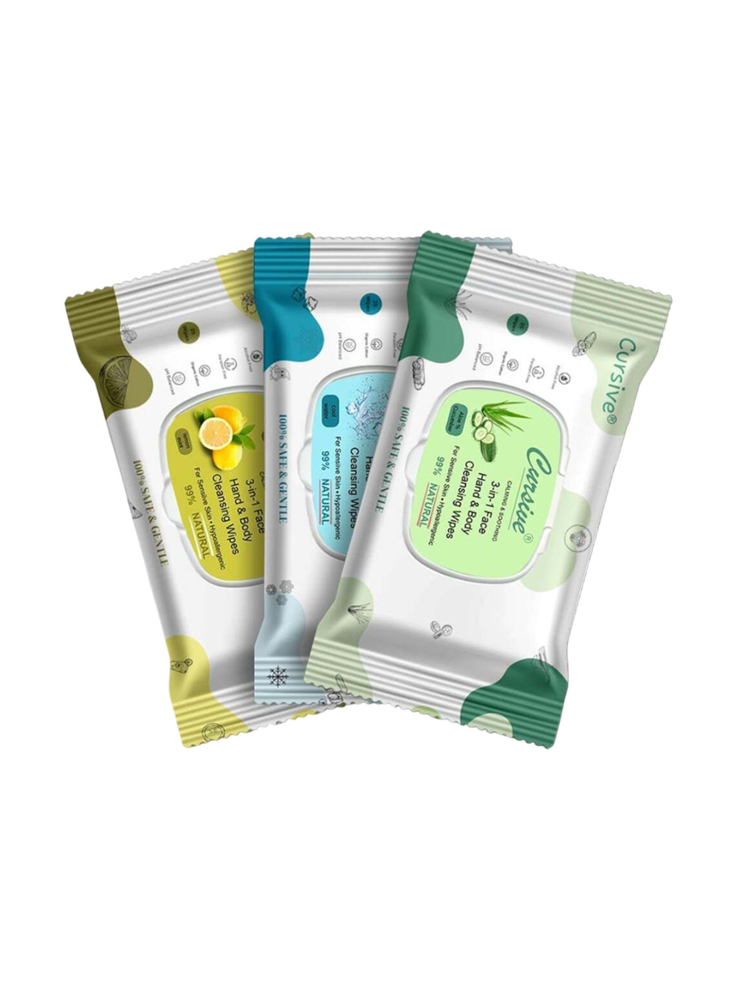 CURSIVE Set Of 3 Lemon Mint Cucumber & Cool Water Refreshing Wet Wipes