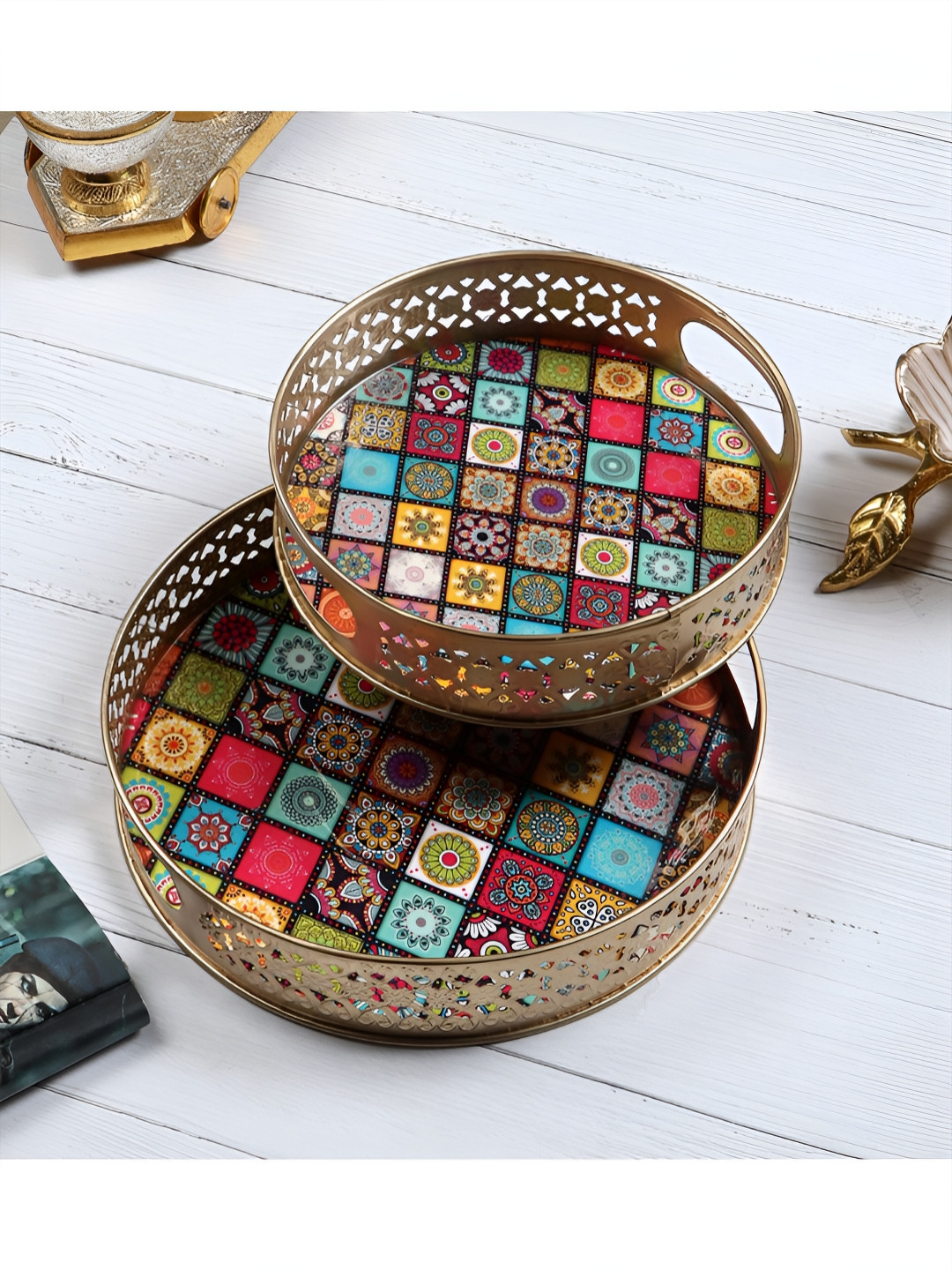 Two Moustaches Beige & Blue 2 Pieces Traditional Printed Pattern Design Serving Trays