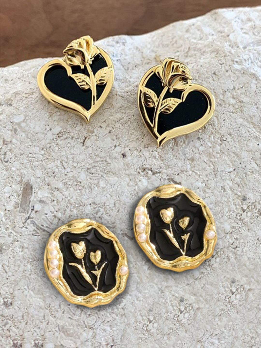 FIMBUL Set of 2 Gold-Plated Beaded Floral Design Heart and Oval Shaped Studs