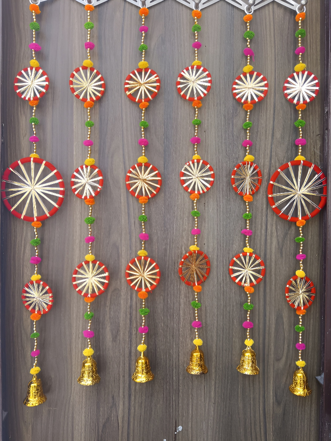 Sellplus 6 Pcs Red & Green Pompom & Gota Circle Jaal Bangle Toran