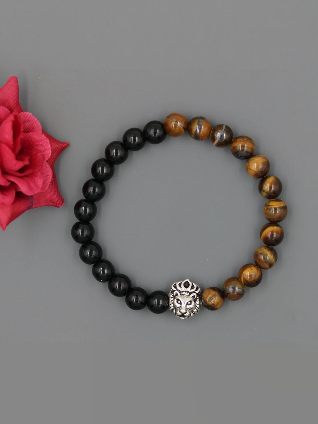 gurjari jewellers Black & Brown Lion Crystal Beaded Elasticated Bracelet