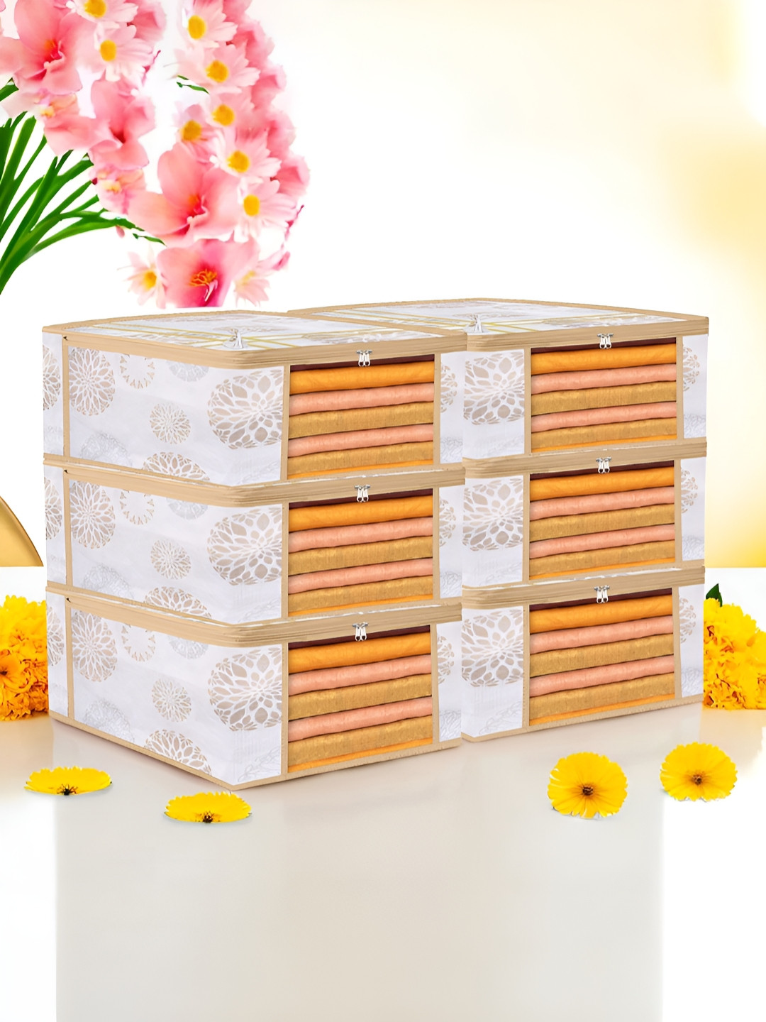Aura White & Gold-Toned 6 Pieces Bow Gola Printed Reusable Drawer Organisers