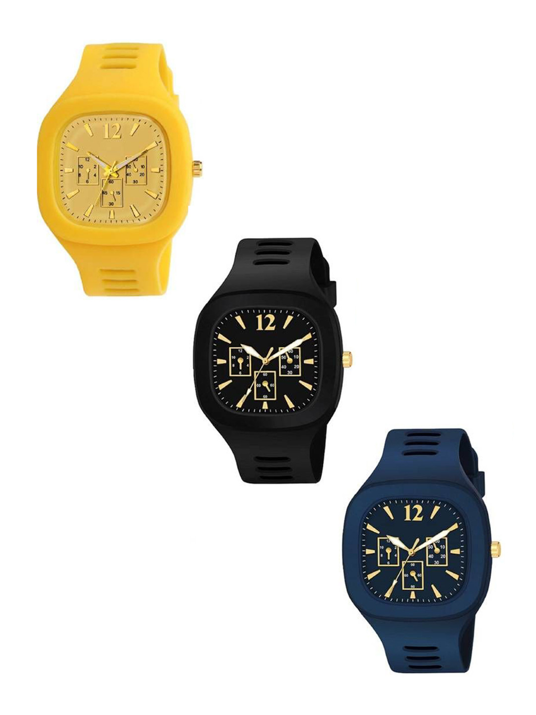 Hala Men Set Of 3 Printed Analogue Watch Miller Black + Blue + Yellow