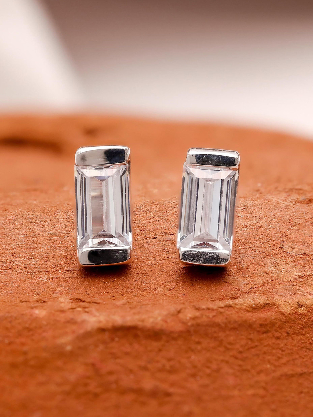 AMONROO 925 Sterling Silver Rectangular Shaped Cubic Zirconia Studs Earrings