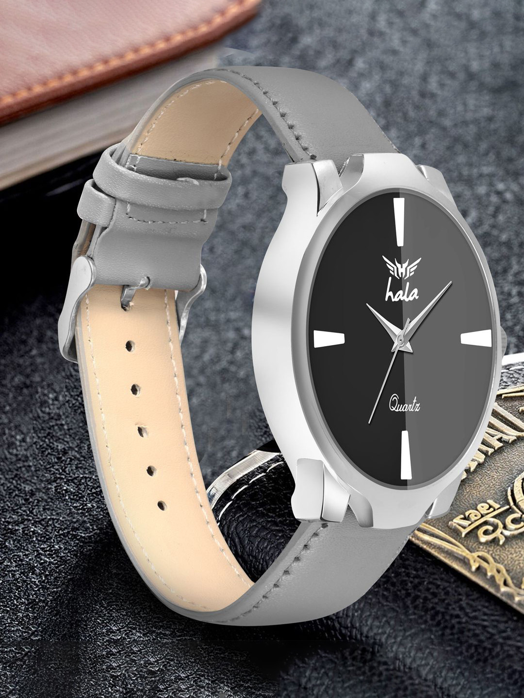 Hala Men Pack Of 2 Solid Analogue Watch & Bracelet 1046-Split Black Grey King Bracelet