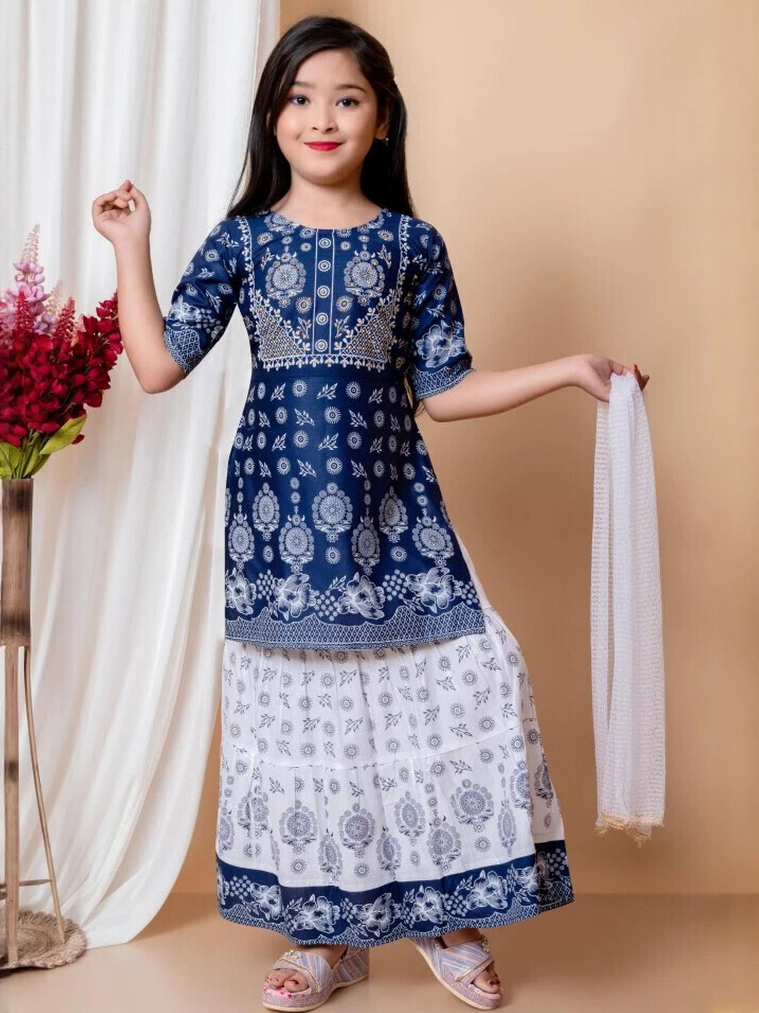 NFashion Girls Blue & White Ethnic Motifs Printed Kurta with Skirt & With Dupatta