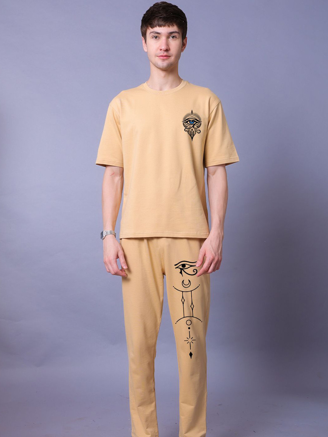 Lazy Lush Egyption Printed Round Neck Pure Cotton T-Shirt With Joggers Co-Ords