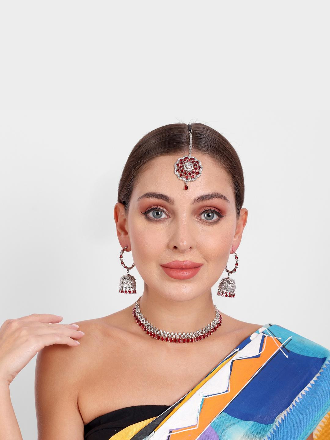 Manuvi Jewels Silver Plated Red American Diamond Necklace Earrings & Maangtikka Set