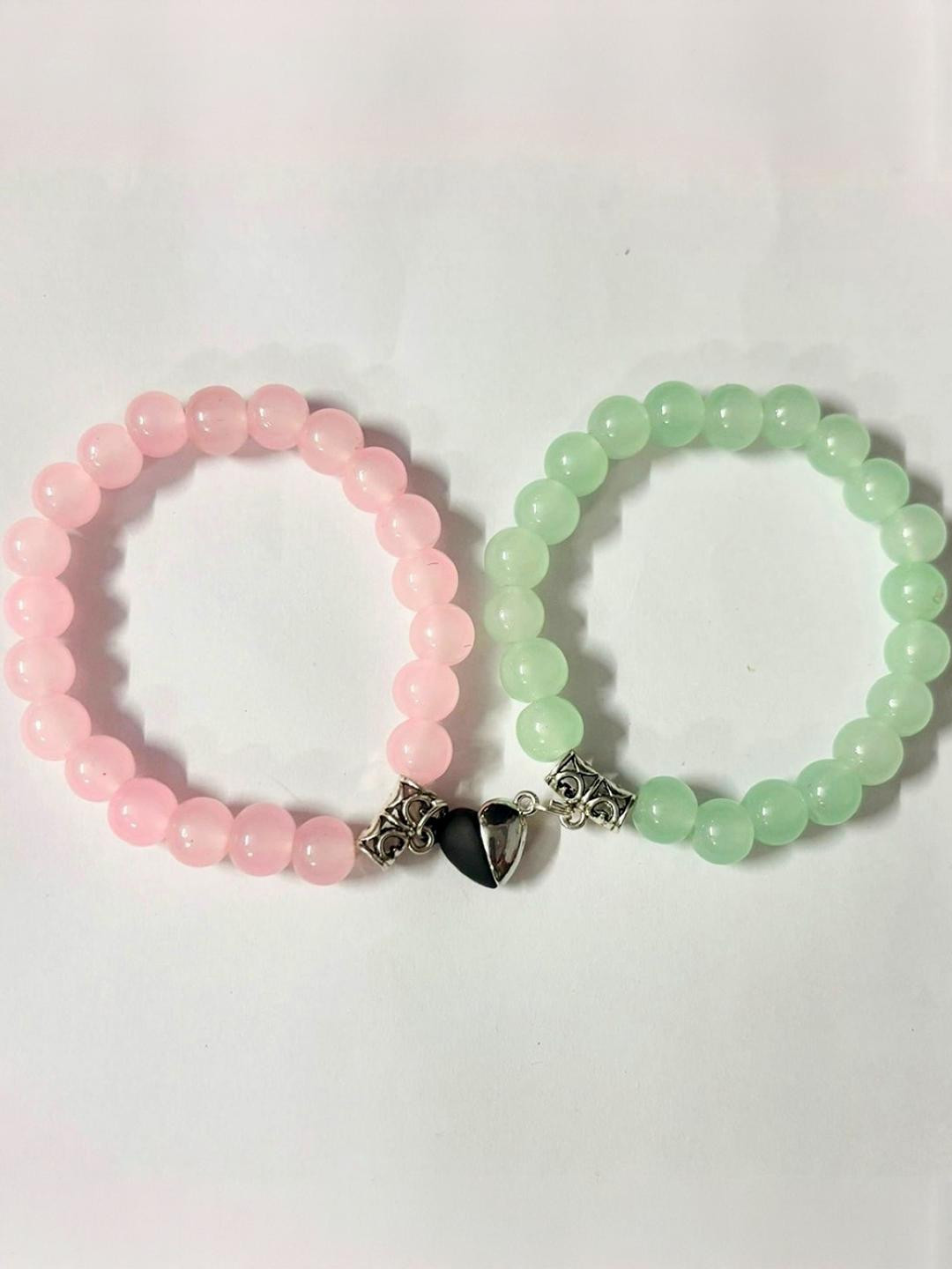 Rodya Unisex Set Of 2 Green And Pink Elasticated Handcrafted Silver-Plated Casual Bracelet