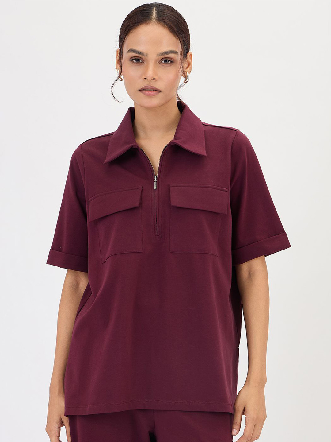 FEMMELLA Women Oversized Polo Collar T-shirt With Pocket Detailed