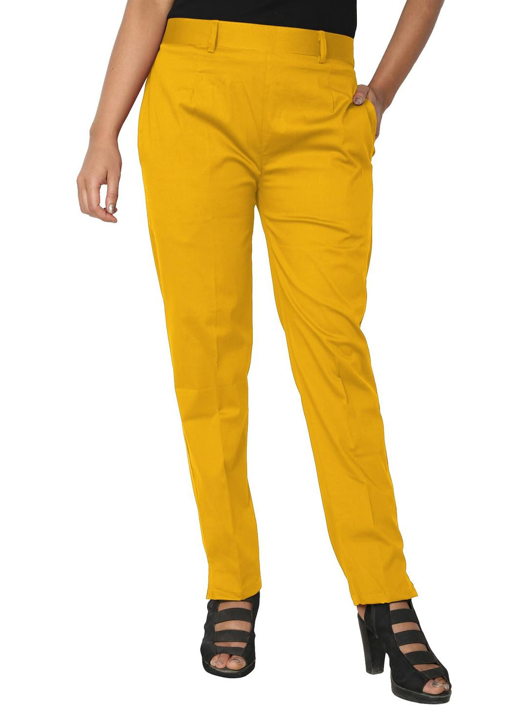 PINOVO Women Relaxed Straight Leg Mustard Cotton Solid Pant