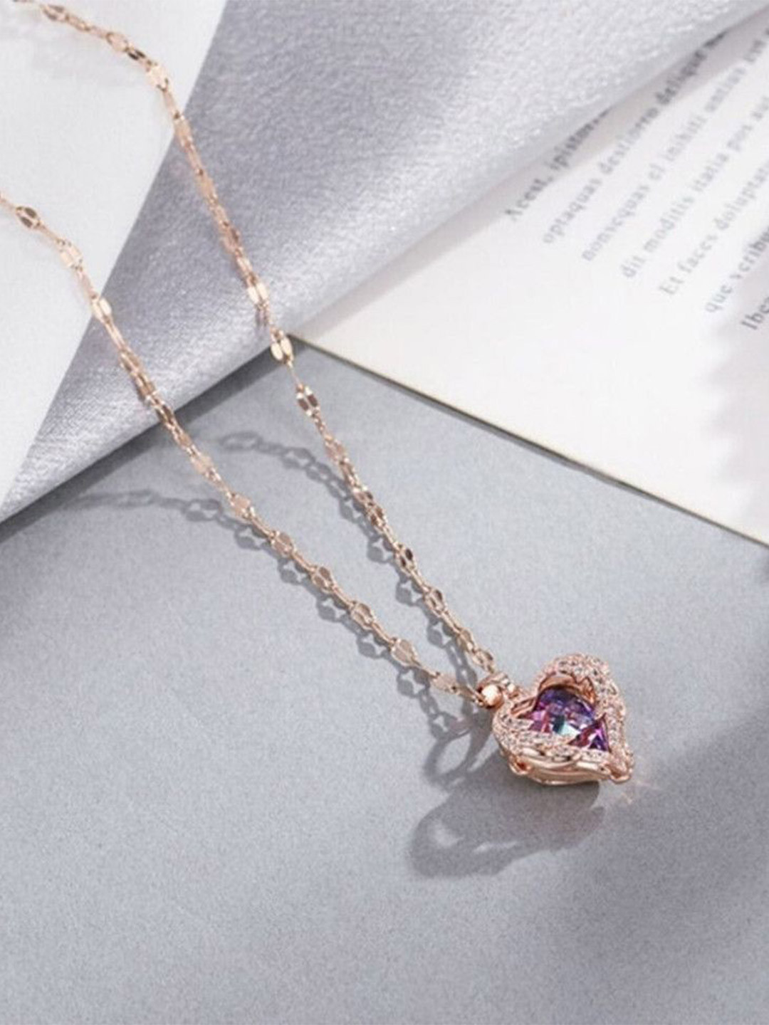 Wynona FK Ocean Heart Women Rose Gold-Toned American Diamond Studded Pendant With Chain