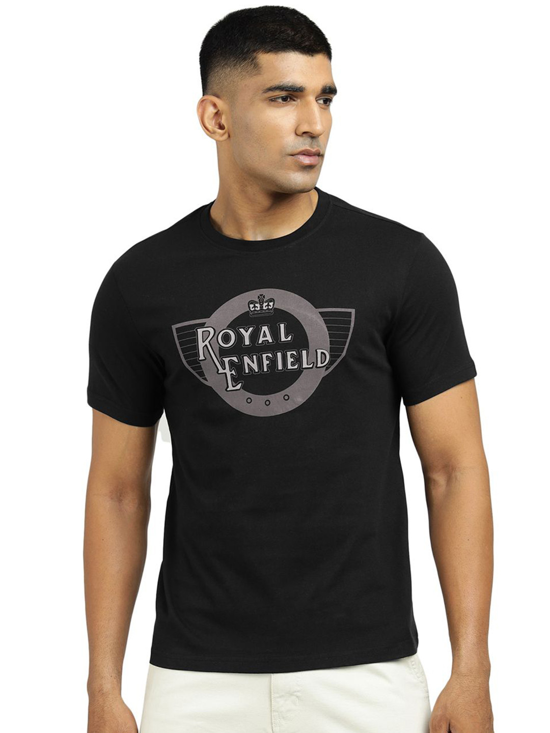 Royal Enfield Men Brand Logo Printed Round Neck Pure Cotton T-shirt