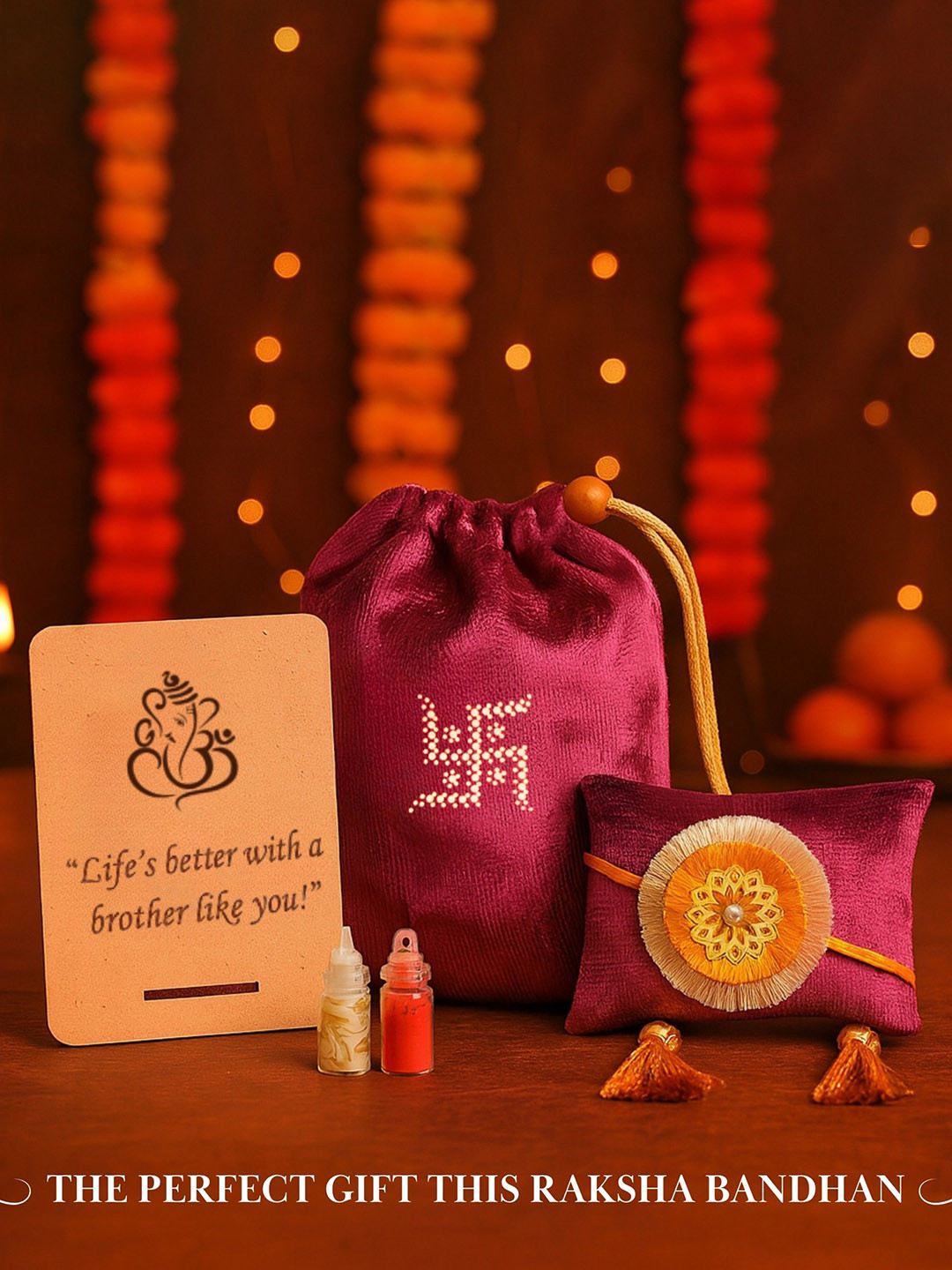 MASQ Rakhi With Cushion Potli Frame Stand & Roli Chawal